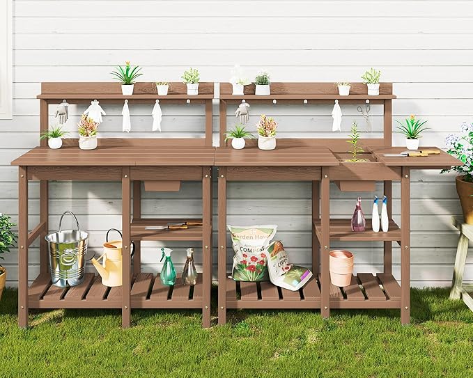 SERWALL Outdoor Potting Bench 2-Piece Set, Rot-Resistant HDPE Potting Table with Removable Sink for Outside Gardening, All-Weather Use - Brown
