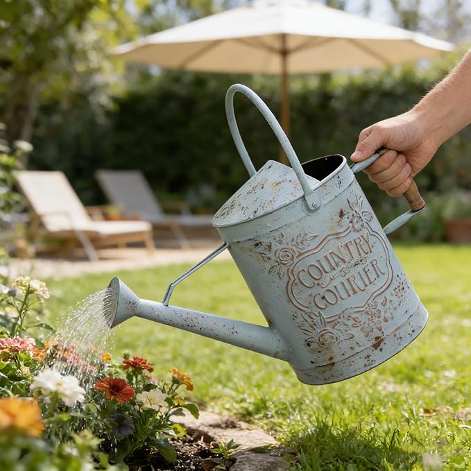 Vintage Metal Watering Can with Country Corner Floral Emboss & Wooden Handle Garden Distressed Blue Decorative Watering Pot Farmhouse Waterer for Home Garden Balcony Courtyard 2 Gallon