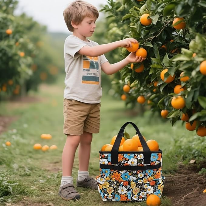 Hippie Flower Garden Tool Bag Portable Gardening Tool Organizer Bag with 10 Pockets and Handle Tool Carrier and Storage for Garden Lawn Yard Casual Camp