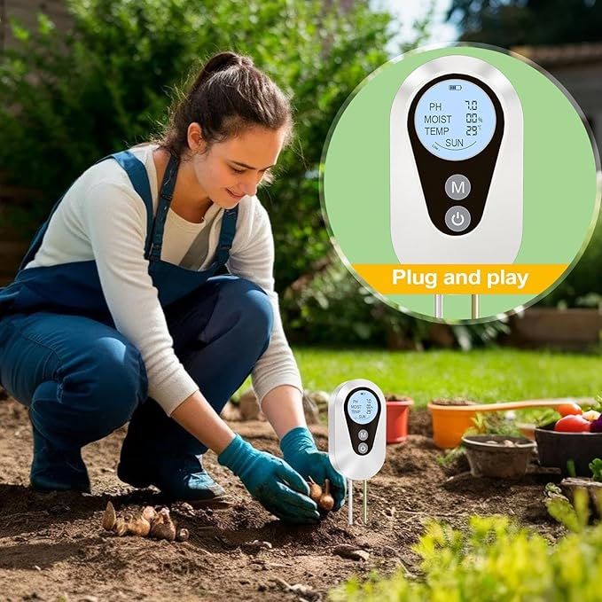 4-in-1 Soil Tester, Digital Soil Moisture, pH, Light, and Fertility Meter for Orchards, Farmlands, Potted Plants, Flowers, Fruits, Vegetables, Balcony Gardeners