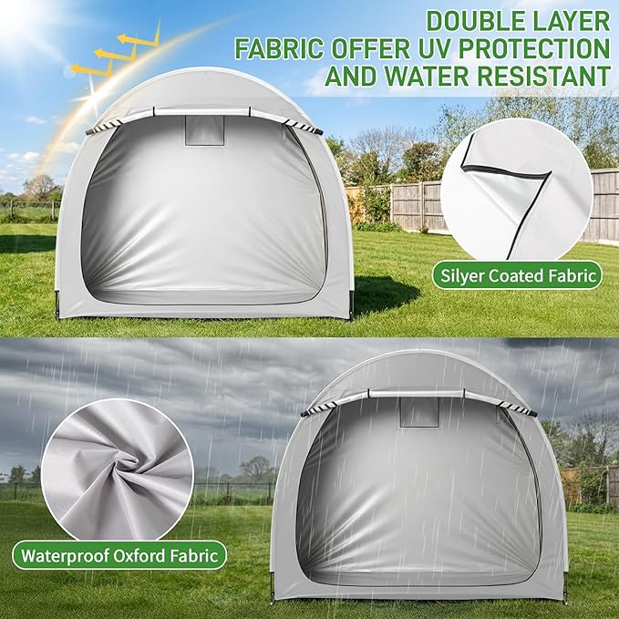 VINGLI Bike Storage Tent for 2-3 Bikes with Carry Bag, Portable Bicycle Storage Shed Waterproof with Window, Bike Tents for Motorcycle,Garden Tools,Lawn Mower (Light Grey, 6.8x2.6 FT)