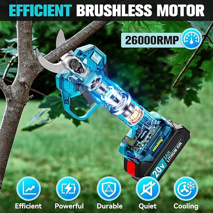 2 in 1 Pole Pruning Shears with 2 x Rechargeable Batteries, 2" Max Cutting Diameter Electric Cordless Pole Pruner, Brushless Motor, Up to13FT Reach Electric Pole Scissors for Garden Tools