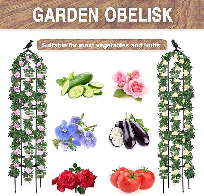 6.7FT Garden Obelisk Trellis for Climbing Plants Outdoor, Adjustable 5-Tier Metal Plant Support with 3 Decorative Tops, Black Rustproof Trellis for Roses, Tomatoes, Clematis & Vines