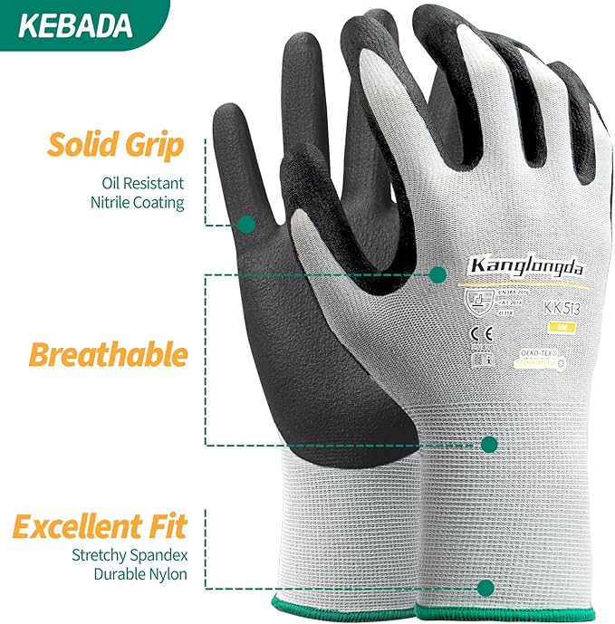 Kebada 60-Pairs Large Work Gloves for Men and Women, Nitrile Coated Safety Protective Gloves with Grip, Ideal for Warehouse, Delivery, Light Duty Construction Work