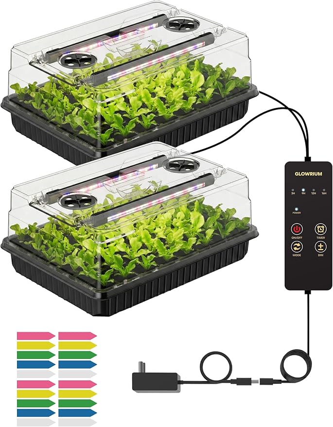 GLOWRIUM Seed Starter Tray with Grow Lights, 54-Cell Seed Starter Kit with 4.3" Humidity Dome, Indoor Seedling Starter Tray with 3/9/12/16h Timer, Adjustable Brightness Seed Starting Trays (2 Pack)