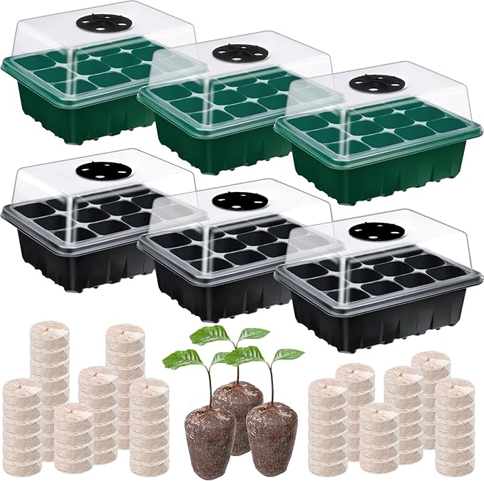 6 Pack Seed Starter Tray with 72 Pcs Peat Pellets, Seeding Starter Kit (72 Cells Total Tray) with Humidity Dome, Soil Plant Germination Tray Kit for Flower Vegetable(Black, Green)