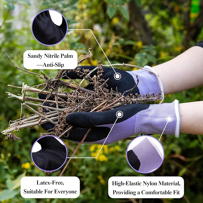 HandLove 2 Pairs Gardening Gloves for Women-Moisturizing Durable Work Gloves.Latex-free Sandy Nitrile Coated for Yard Garden,Touchscreen Friendly Protective Work with Grip,Medium,Pink&Green