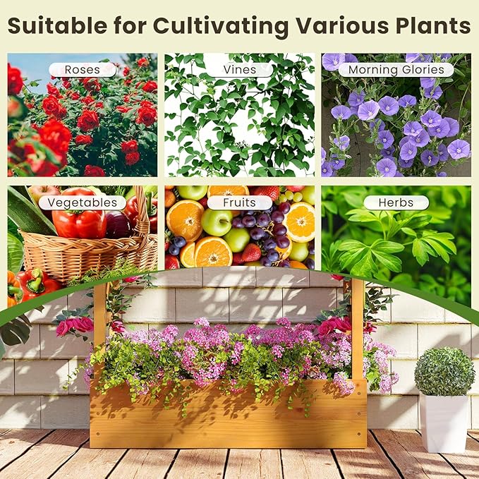Happygrill 70” Raised Garden Bed with Trellis, Wood Planter Box w/Hanging Roof, 2 Side Trellises, Open-ended Base for Flower, Vegetable, Vine Climbing Plant, Vertical Plant Container for Garden, Patio