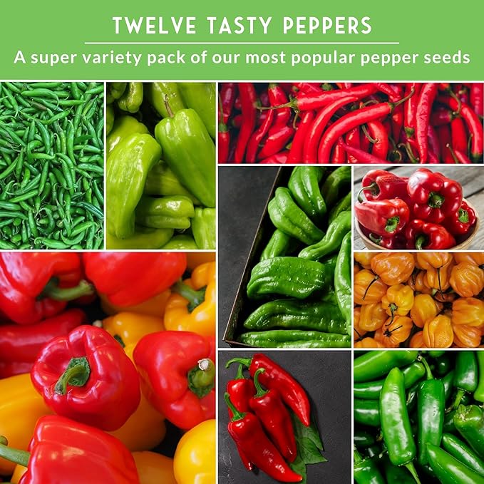 Pepper Seeds for Planting - 12 Variety Pack | Jalapeño, Serrano, Cayenne, Bell, Habanero, Anaheim & More – Hot & Sweet Heirloom, Non-GMO Pepper Seed Varieties – Survival Garden Seeds