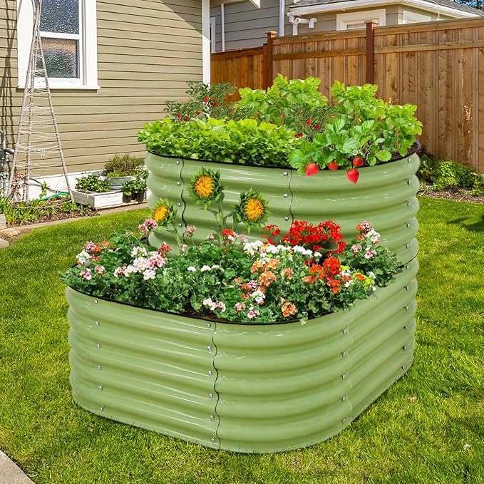 EAGLE PEAK 2-Tier Galvanized Raised Garden Bed Planters, Planter Boxes Outdoorfor Vegetables, Flowers and Herbs, Assembly Modular - 33in Overall Height, 41'' L x 43'' W, Olive Green