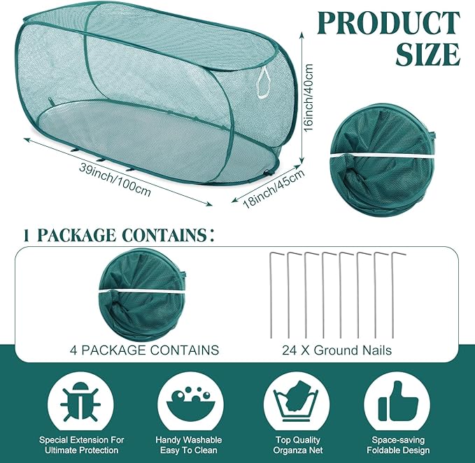4 Pcs 39" x 18" x 16" Pop up Garden Rows Plants Cover Vegetable Mesh Plant Protector Net Cage Guard with Ground Nails for Protecting Vegetables Fruits Seedlings Flowers from Animals