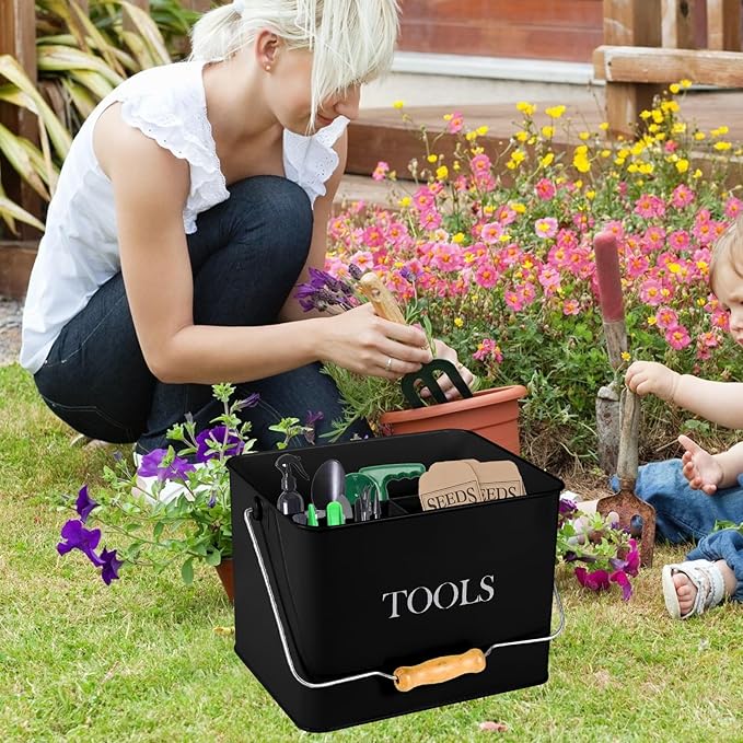 Garden Tool Organizer - Metal Caddy With 3 Compartments, Portable Basket With Handle, Kit Holder Empty, Storage for Indoor and Outdoor Use - Black