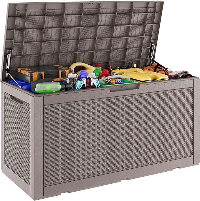Oudoor Storage Deck Boxes Waterproof, Waterproof and UV Resistant Outdoor Storage Box Lockable Lid for Delivery Box, Indoor, Garden Tools, Pool Supplies, Patio (Grey, 100 Gallon)