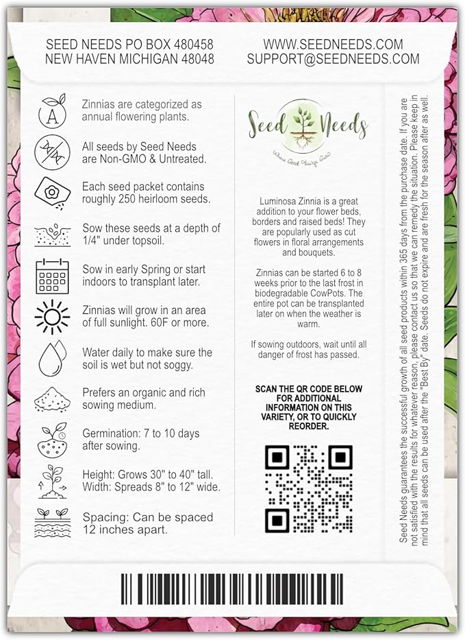 Seed Needs Luminosa Pink Zinnia Seeds for Planting - Heirloom & Open Pollinated Annual Cut Flowers - Grow a Butterfly Garden to Attract Pollinators (1 Pack)