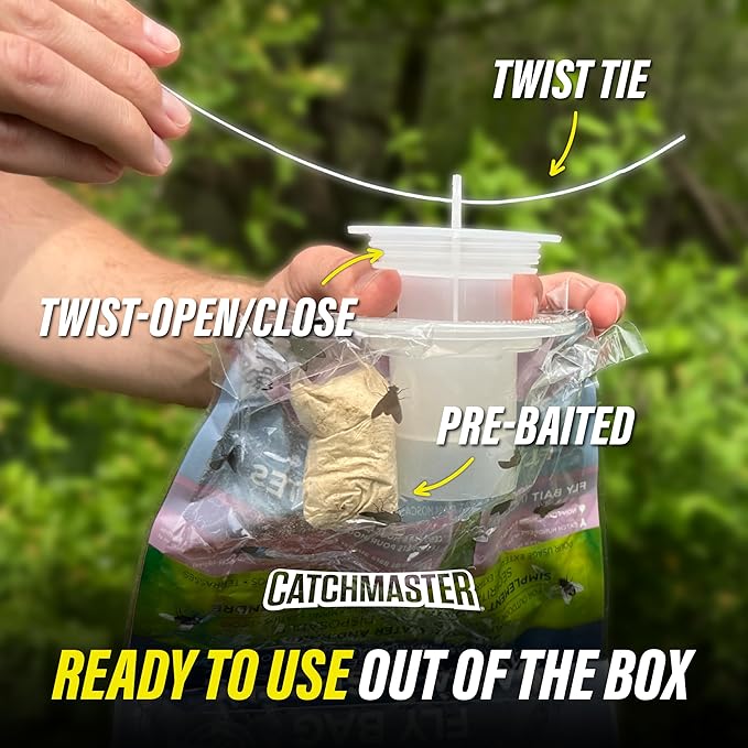 Catchmaster Pro Series Extra-Large Outdoor Fly Trap w/No-Mess Lid 4-Pack - Hanging Fly Trap Outdoor Home, Bug Catcher and Flying Insect Trap with Premium Food Lure for Backyard, Pool, Patio & Camping