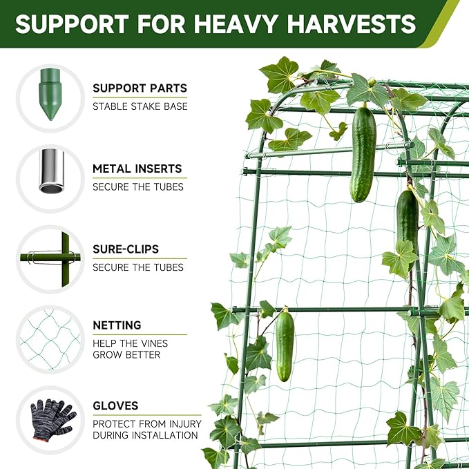 HIRALIY Garden Arch Trellis for Climbing Plants, 6.3ft Tall Heavy Duty Metal Cucumber Trellis, Rustproof Plant Support Tunnel for Tomato, Grape, Bean, Raised Bed and Vegetable Gardens, Green