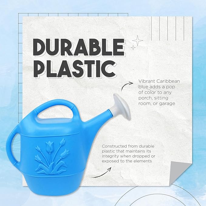 Union Products 63066 2-Gallon Plastic Indoor and Outdoor Watering Cans with Tulip Design, Caribbean Blue, Pack of 2