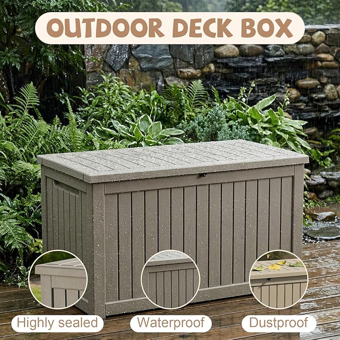 280 Gallon Outdoor Storage Deck Box Waterproof Resin Lockable Outside Bench Porch Patio Furniture Pool Float Garden Tool Cushion UV Resistant Bin Beige