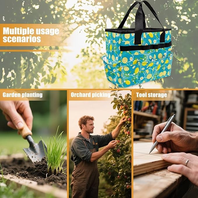 Lemon Daisy Garden Tool Bag Portable Gardening Tool Organizer Bag with 10 Pockets and Handle Tool Carrier and Storage for Garden Lawn Yard Casual Camp