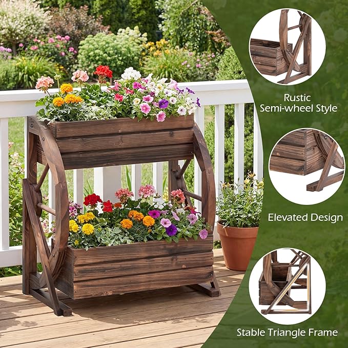HAPPYGRILL 2-Tier Raised Garden Bed, Rustic Wood Wagon Planter Box with Drainage Holes & Semi-Wheels for Vegetables Herbs, Indoor Outdoor Decorative Flower Cart Pot Stand for Patio Yard Balcony (2)