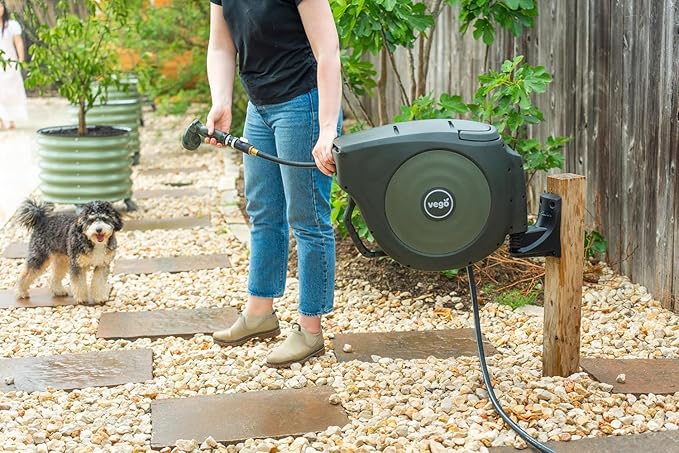 Vego Garden Hose Reel Retractable Hi-Flow Wall Mounted Hose Reel Automatic Rewind, Any Length Lock with 9 Patterns Sprayer Nozzle, Quick Connector and Adjustable shot Nozzle (Seaweed Green, 82ft)