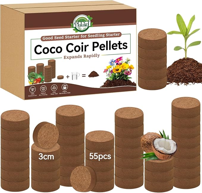 Halatool 55 Pcs Coco Coir Pellets, Coconut Soil Pellets for Seed Starting, Potting Soil Mix, Cat Grass Soil, Compressed Dirt Pods for Plants, Vegetables, Fruits, Flowers