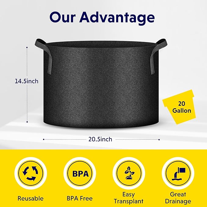 iPower 10-Pack 20 Gallon Thickened Grow Bags Nonwoven Fabric Pots Aeration Container with Strap Handles for Garden and Planting, Black
