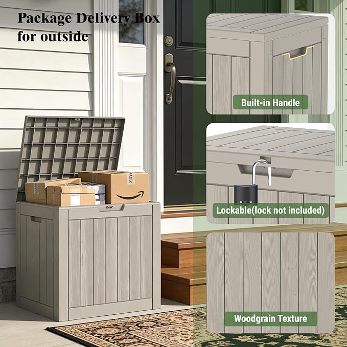 Outdoor Storage Bins, 35 Gallon Small Deck Box, Waterproof Storage bins, Lockable Patio Storage box for Package Delivery, Porch, Garden Tools, Anti-Theft Weatherproof & UV-Resistant Parcel Drop Box