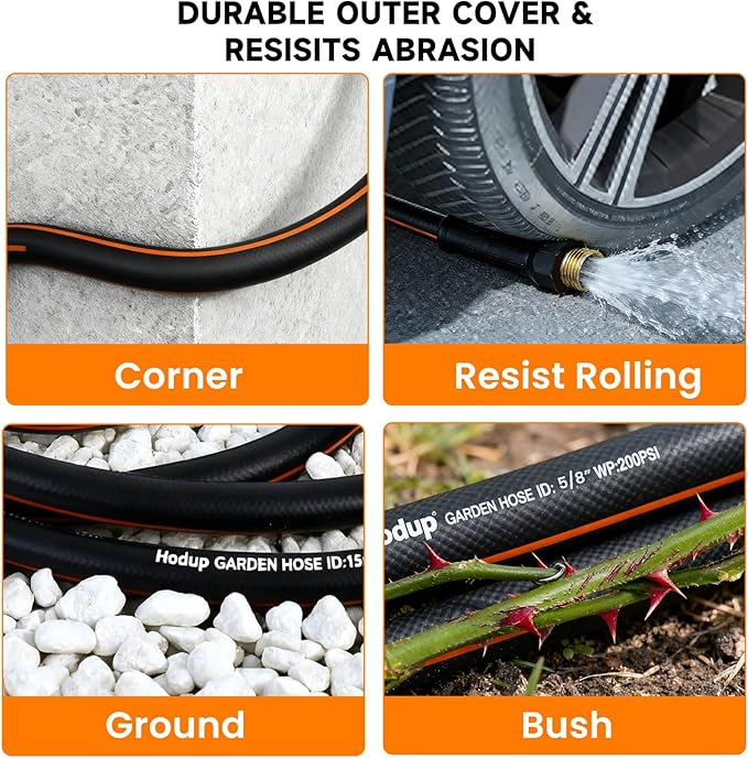 Heavy Duty 5/8 Inch Garden Hose – Flexible, Kink-Free & Leakproof with UV-Resistant Hybrid Rubber Hose for Outdoor Watering (Black Orange, 5 FT)