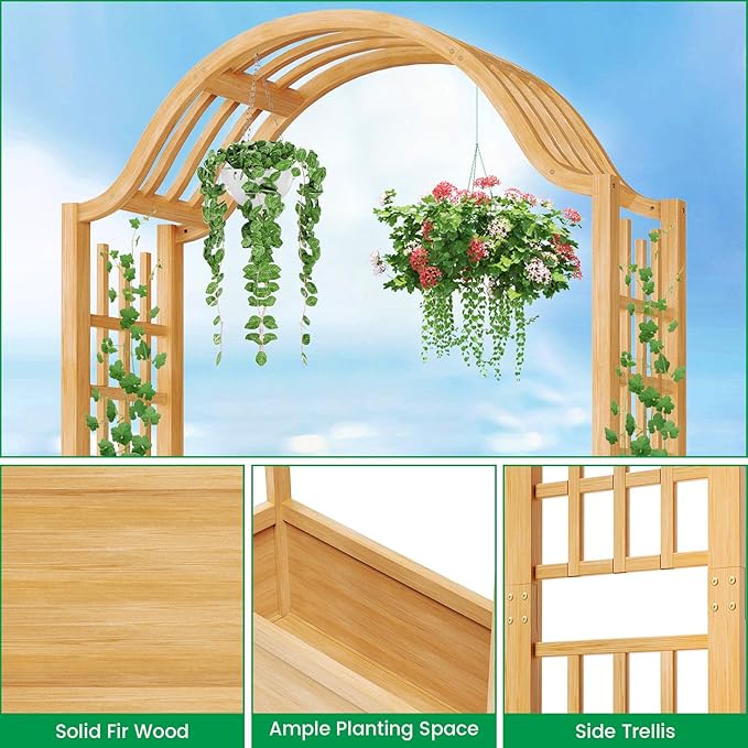 DoCred Raised Garden Bed with Trellis, Freestanding Wood Planter Box with Hanging Roof, Side Trellis Above Ground Elevated Garden Bed Outdoor Planter with Arch Trellis for Climbing Plants Vines Patio