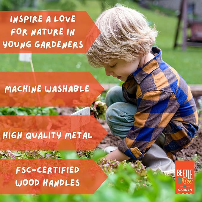 Beetle & Bee Kids Garden Tote Kit – Durable, Easy-to-Clean Gardening Tools Set - Includes Canvas Tote Bag, Hand Rake, Shovel & Trowel - Perfect Toddler Gardening Set