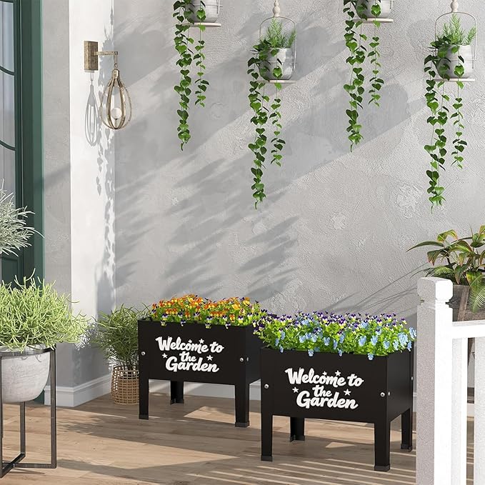 aboxoo 14 inch Spray-Painted Style Planter Raised Beds with Legs Outdoor Small Metal Planter Box Elevated Garden Bed for Vegetables Flower Herb Patio(Black)