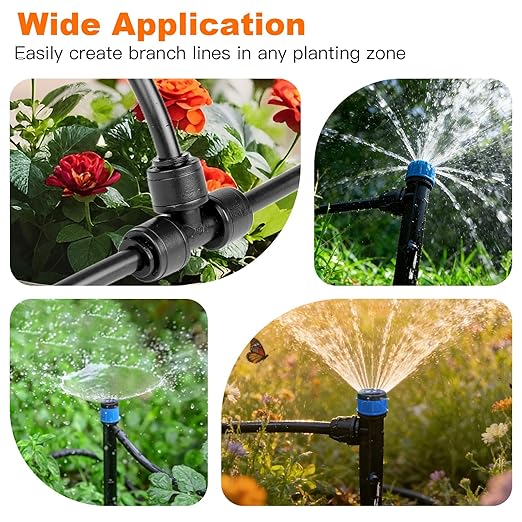 Quick-Connect Drip Irrigation Tee Connectors - 15 Pack Drip Irrigation Tee Fittings for 1/4 Inch Irrigation Tubing，15 End Plugs for Leak-Free Solutions in Sprinkler & Drip Irrigation Systems