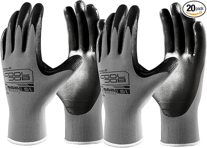 COOLJOB 20 Pairs Nitrile Dipped Safety Work Gloves with Grip, Non-slip Rubber Coated Bulk Garden Gloves for Men, Heavy-duty Oil Resistant for Truck Driver, Warehouse Box Handler, Xlarge, Gray
