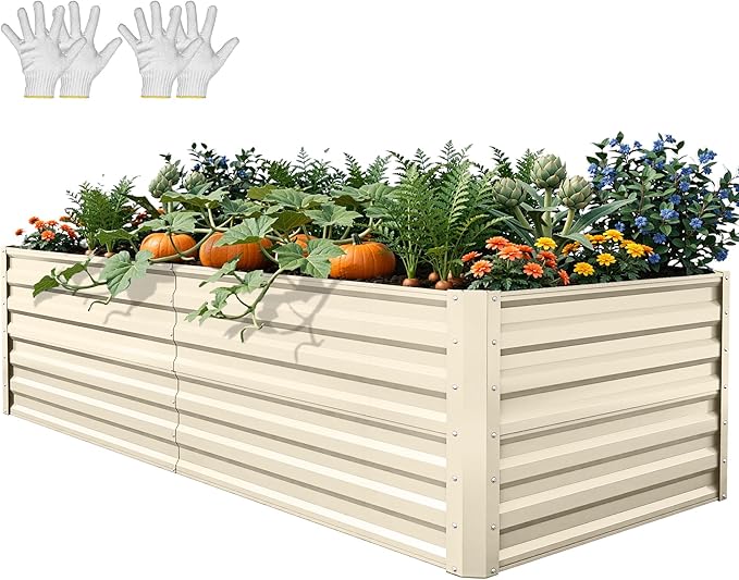 YITAHOME 6x3x2ft Large Raised Garden Bed Kit, Galvanized Metal Planter Box with Gloves, Support Rod, Outdoor Above Ground Planters for Plants, Vegetables, Flowers, Cream Yellow