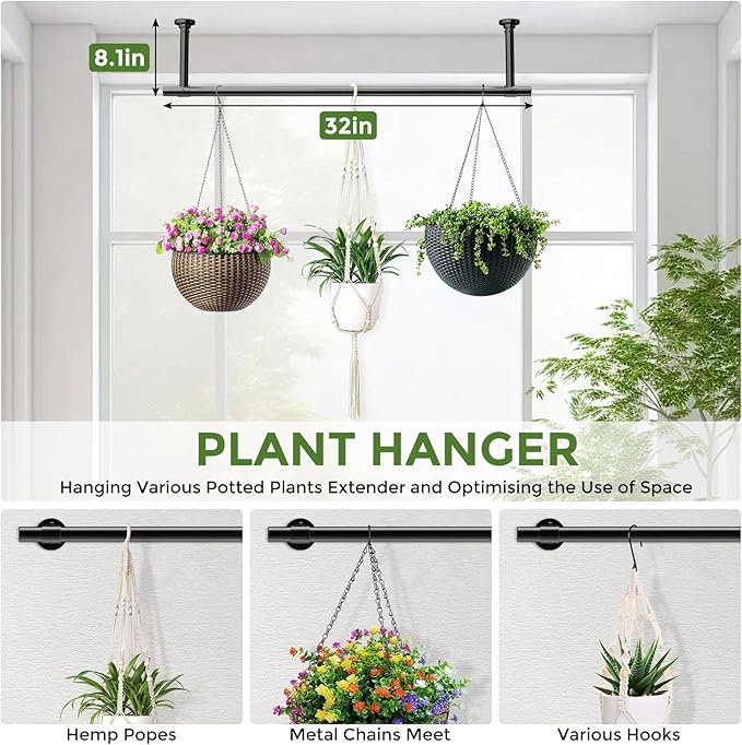 Window Plant Hanger Indoor, 32 Inch Heavy Duty Plant Hanging Rod, 1 Inch Metal Hanging Plant Holder for Window Wall, Matte Black Round Flange Base, Pot Not Included