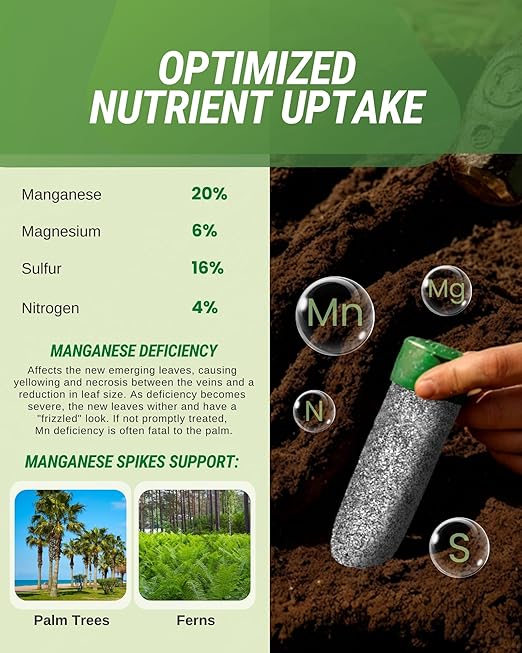 Manganese Palm Tree Fertilizer Spikes, 40 Pack - Fertilizer Sticks & Plant Food Spikes for Palm Trees & Ferns - Contains 16% Sulfur, Manganese, Nitrogen, and Essential Nutrients