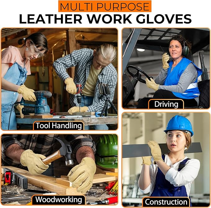 HANDLANDY Men Leather Gardening Gloves, Utility Work Gloves for Mechanics, Construction, Driver