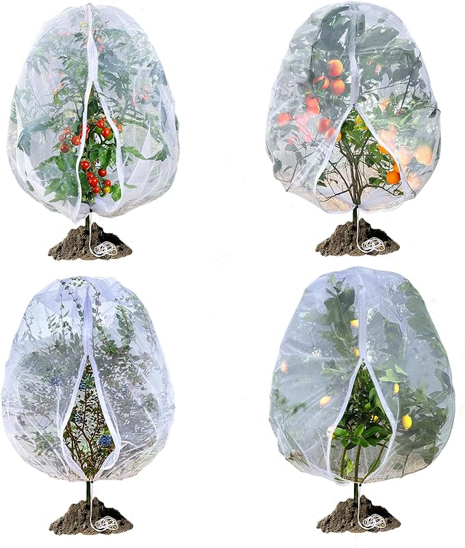 Fruit Tree Netting, RIFNY 3.3 x 2.6 FT Blueberry Bush Netting Cover with Zipper Drawstring, Outdoor Mosquito Net Garden Netting Protector Plant from Birds Cicadas Animals Insect (4 PCS, White)