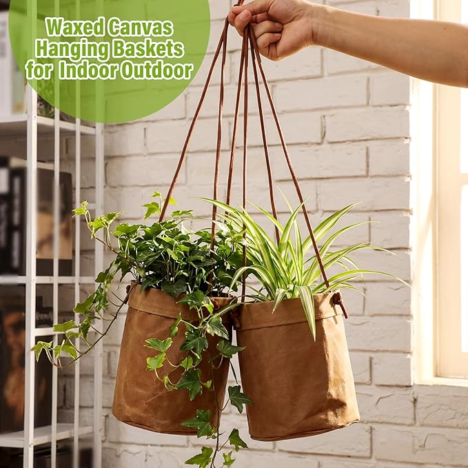 2 Pcs Hanging Planters for Indoor Outdoor 6'' Washed Cowhide Plant Basket Hanging Hanger Flower Pot Plant Holder Decorative Container for Home Wall Decor
