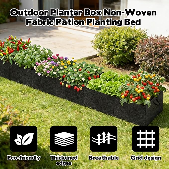 12x2x1ft Fabric Raised Garden Bed, 6 Grids Breathable Outdoor Planter Box Garden Growing Bags with Handle, Garden Grow Planter Bags Plant Bed for Growing Herbs Flowers and Vegetables