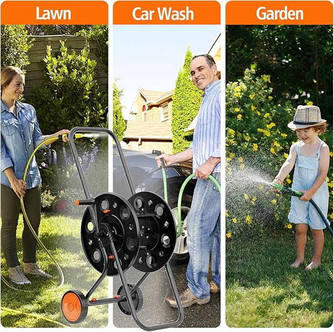 SPECILITE Garden Hose Reel Cart, Holds 75-150 Ft of Hose Storage Holder, Portable Metal Hose Caddy with Wheels, Outdoor Water Hose Reels for Car Washing and Garden Watering