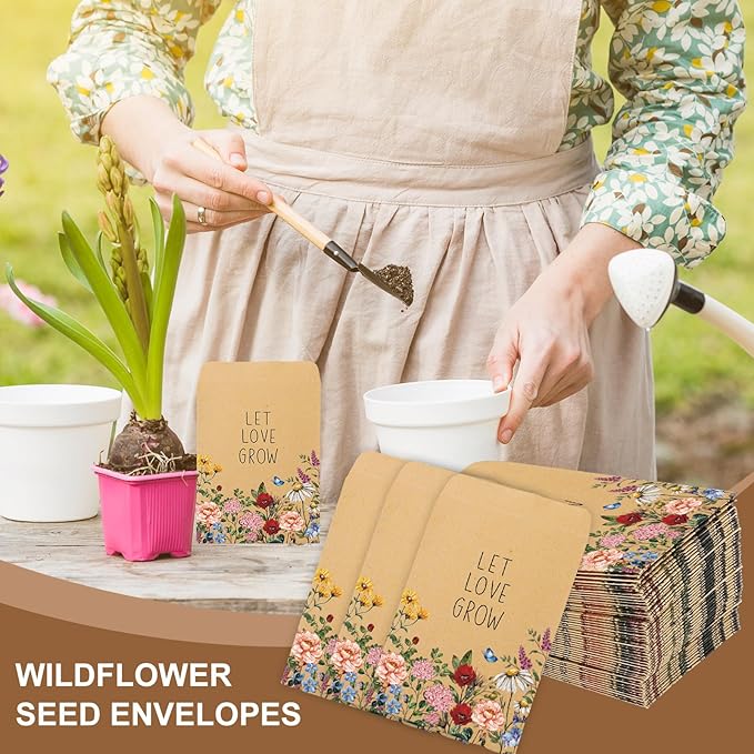 100Pcs Wildflower Seed Packets Let Love Grow Self-Adhesive Kraft Envelopes Rustic Floral Seed Storage Pockets for Garden Office Party Favors Supplies, 3.15 x 2.4 Inch