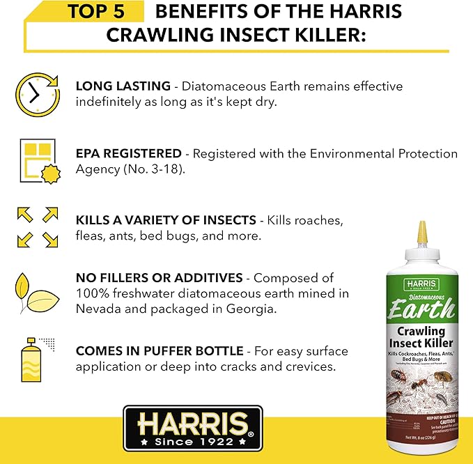 Harris 8 oz Diatomaceous Earth Crawling Insect Killer — 100% Natural Dust for Ants, Roaches, Bed Bugs, Fleas — Indoor & Outdoor Use