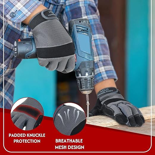 HANDLANDY Working Gloves for Men & Women, Safety Work Gloves with Grip for Warehouse Construction Garden Yard Outside (Grey-Grip, Large (Pack of 1))