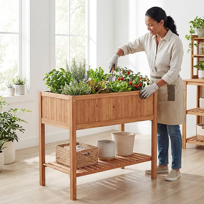 Giantex Raised Garden Bed, Wood Planter Box with Plant Stand & Black Liner, 40"x20"x39" Raised Bed for Indoor Outdoor Plants, Vegetables Flower Herbs Fruit Gardening (2,Reddish Brown)