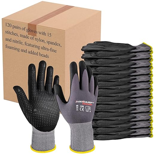 Gasoline Safety Work Gloves Extra Micro-Foam Nitrile Coated-120 Pairs,Endurance Seamless Knit Nylon Spandex,Dots on Palm, Dot Grip Gloves，Work Gloves Men and Women (120, S)