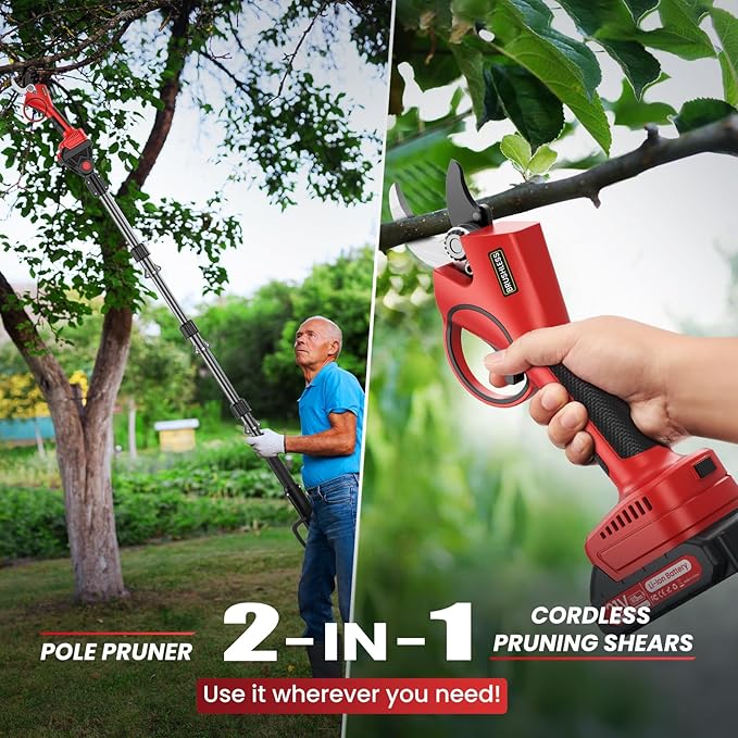 Electric Pruning Shears with Pole, 2-in-1 Cordless Pruning Shears 1.6" with SK7 Blade,8FT Reach,800W Brushless Motor,2 x 21V 2000 mAh Batteries,6–10Hs,Tree Branch Cutter for Gardening Pruning
