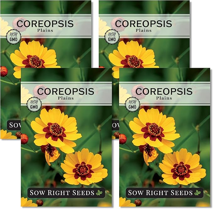 Sow Right Seeds - Plains Coreopsis Seeds - Non-GMO Heirloom Annual Variety - Pollinator Friendly, Drought Tolerant Flowers - Easy to Grow Tickseed - Ideal for Gardens, Borders, Wildflower Areas (4)