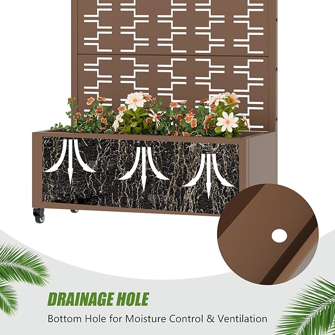 Casaphoria Metal Raised Garden Bed with Trellis and Wheels, 72"x35"x16" Planter Box for Climbing Plants, Vegetables & Vines, Features Drainage Holes and Privacy Screen, Brown-Brick